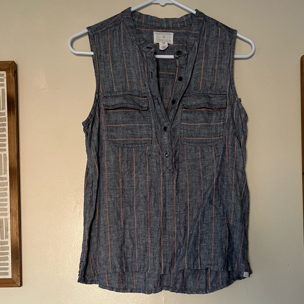 Caslon 100% Linen Sleeveless Blue/ Red Striped Button Up Front Shirt Size PXXS